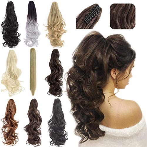 FELENDY Ponytail Extension Claw 18 20 Curly Wavy Straight Clip in Hairpiece One Piece A Jaw Long Pony Tails for Women Dark Brown