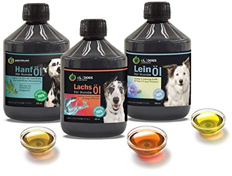 Kräuterland Barf Öl Set 1,5L - Lachsöl, Leinöl & Hanföl für Hunde & Katzen je 500ml - reich an Omega-3 6 9 Fettsäuren - reines Barföl in Premium Qualität