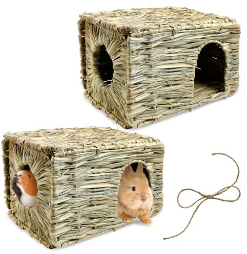 Tfwadmx 2 Pack Rabbit Grass House - Natural Hand Woven Seagrass Play Hay Bed, Collapsible Hideaway Hut Toy for Bunny Hamster Guinea Pig Chinchilla Ferret