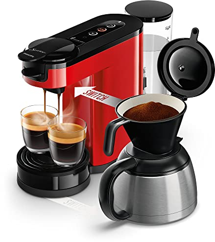 Philips Senseo Switch Pad- und Filterkaffeemaschine, 2-in-1-Brühtechnologie, 1-Liter-Wasserbehälter, 7 Tassen in einem Durchgang, Farbe: Monzarot (HD6592/84)