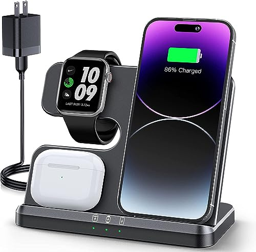JARGOU 3 in 1 Charging Station for Apple Wireless Charger for iPhone 16 15 14 13 12 11 X 8 & for Apple Watch Charger Wireless Charging Station for Multiple Devices for AirPods 4 3 Pro