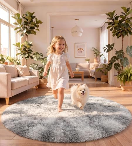 MARATIP Plyschmatta, fluffig rund matta, modern, för barn och flickor, mjuk matta för sovrum/vardagsrum/barnrum (ljusgrå, rund med 150 cm i diameter)