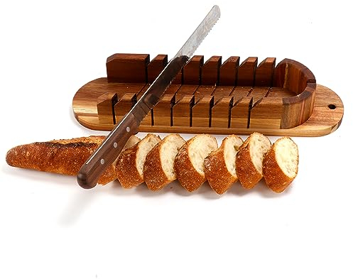 Baguettes Board Wooden Chopping Board Acacia Wood French Bread Cutting Board French Bread Miter Bread Slicer with Bread Knife Storage Bag