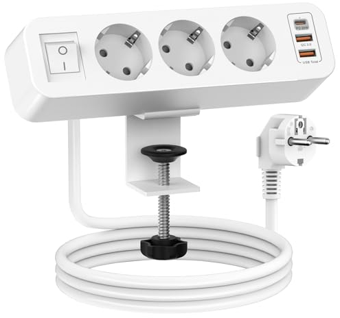 3 Fach Tischsteckdose mit 1 PD und 2 QC USB, 7 in 1 Mehrfachsteckdose mit Schalter, Steckdosenleiste Schreibtisch mit 2M Kabel für Zuhause Büro- Weiß