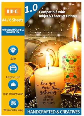 HKC Tatuaggi per Candele stampabili, Carta di trasferimento di Candele per Stampante lasere a Getto d'inchiostro, Pellicola Scorrevole per Candele per Natale, Matrimonio Decorazione, Set A4X6