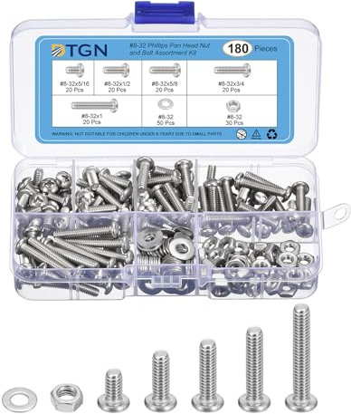 DTGN Kit D'Assortiment de 180 Vis à Machine, Tête Cylindrique Phillips #8-32 Avec Écrous, Acier Inoxydable 304, Vis à Tête Cylindrique Phillips Avec Rondelles