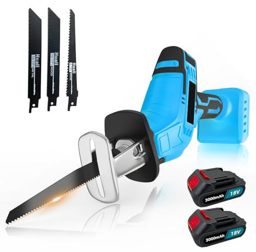 Akku-Säbelsäge Kompatibel mit 18V Makita Akkus - 0-3000 U/min mit 4 Sägeblättern，Professional Säbelsäge für Metall/Holz/PVC-Rohr/Baumschnitt (2x3000mAh/Ladegerät)，Elektrische Reciprosäge mit LED-Licht