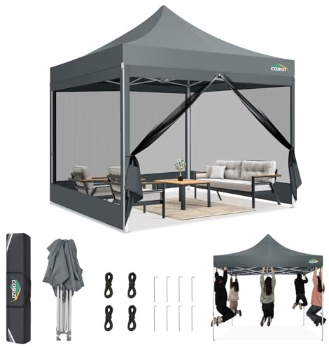 COBIZI Paviljong 3 x 3, vikbar paviljong 3 x 3 vattentät stabil, paviljong vikbar, anti-UV med sidoväggar i nät, paviljong för campingevenemang, festtält, trädgårdstält med bärväska (3 gånger 3 m grå)