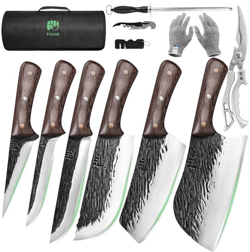 FULLHI Juego de cuchillos de carnicero con tijeras Cuchillo deshuesador forjado a mano Cuchillo de pescado de acero al carbono para cocinar, acampar y hacer BBQ (Marrón, Nuevo 12 PCS)