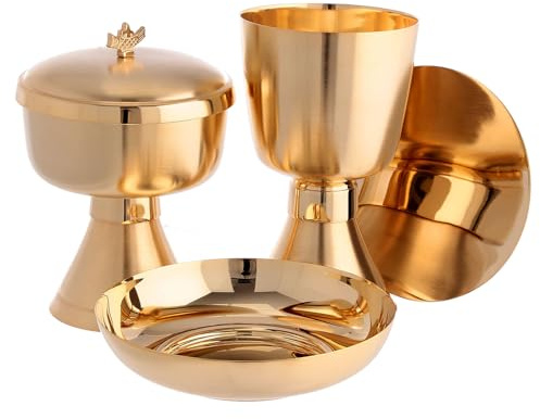 Cáliz copón patena para ofrendas latón dorado minimal, Ofertorio patena