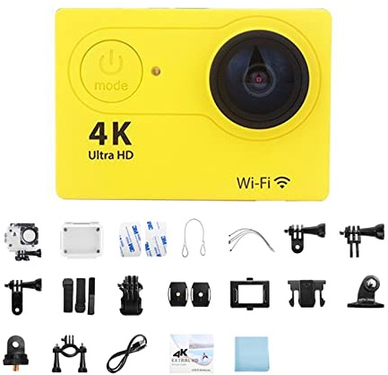 Actionkamera, Mini Action Camera 2,0-tums skärm 30FPS/170D Vattentät hjälmkamera Undervattens Telecontrol Cam Ultra HD 4K Action Camera,Utomhus, Sport, Video(32G Card,Giallo)