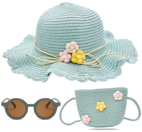 PLNVNVP Sombrero de Paja Niñas Gafas de Sol Verde Sombrero para el Sol Bebe Mini Bolso de Paja con Decoración de Flores Sombreros de Sol para la Playa de Verano Actividades al Aire Libre
