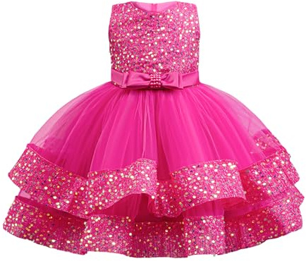 Miipat Flickklänning med paljetter ärmlös tyll, prinsessklänning för flickor, förskoleflickor, formella festklänningar för födelsedagar, bröllop och skönhetstävlingar, Rosa röd, 18-24 mesi