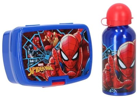 Diakakis Spiderman Kids Childrens Lunch Set – Sandwich Box & Aluminium Water Bottle 500ml - School Travel Lunch Food Set, BPA Free, Spiderman Design