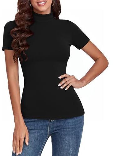 Totatuit Haut femme col roulé moulant en coton stretch manches courtes coupe près du corps haut chic basique à porter seul ou en couche Noir，L