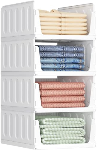Lifewit Organizzatori Armadio con Cassetti Estraibili, Contenitori Impilabili per Vestiti, Ripiani per Armadio Interno, Scatole Salvaspazio in Plastica per Magliette, Pantaloni, 24L, Bianco, 4 Pezzi