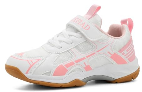 Ozefiad Boys Girls Badminton Shoes Kids Court Tennis Shoes Pickleball Racket Sneakers for Child Comfort Non Marking Anti-Slip Sport Squash Shoes (Little Kids/Big Kids) White Pink