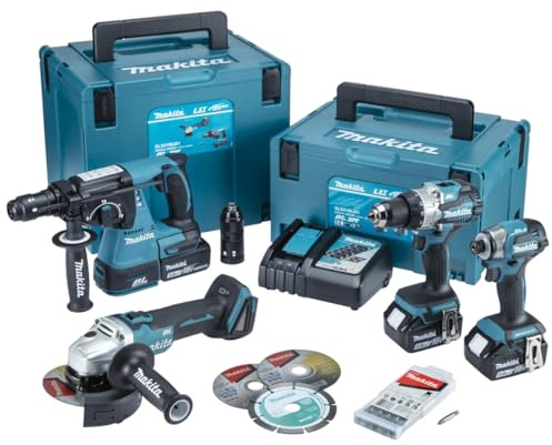 Makita DLX4195JX1 18V LXT Cordless 4 Piece Tool Kit with 3 x 5Ah Batteries, Charger & Cases