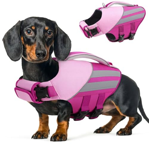 Queenmore flytväst hund liten justerbar reflekterande hundar flytväst med räddningshandtag räddningsväst hund för små hundar Chihuahua Yorkshire, Poodle Maltese, Pomeranian, rosa, S