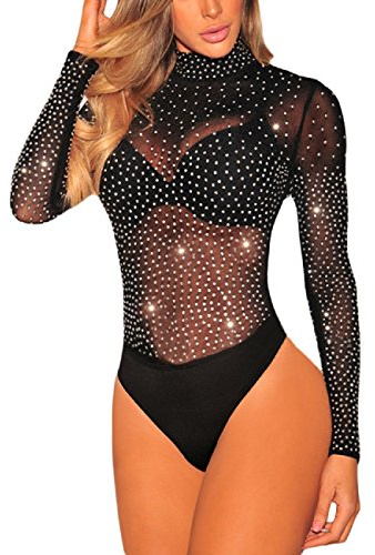 SEBOWEL Sexig genomskinlig nätbody för kvinnor, genomskinlig långärmad trikåtopp, klubb, fest, bodycon-blus, t-shirt, #01 Svart, XXL