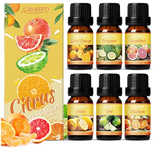 SALUBRITO Citrus Essential Oils Set, Premium Fruit Fragrance Oils for Diffusers and Home, Candle Making - Sweet Orange, Bergamot, Grapefruit, Mandarin, Lime, Lemon Essential Oil, 6x10ml