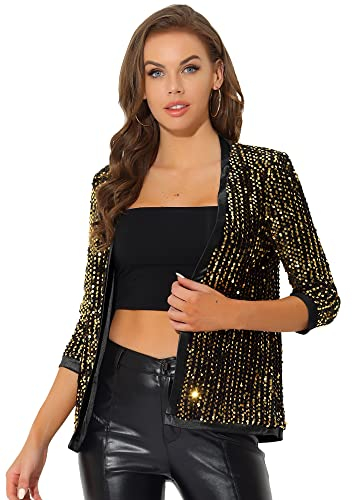 Allegra K Damen Pailettenjacke Glitzer Elegant Blazer Langarm Pailletten Party Club Offen Jacke Jacken Gold L