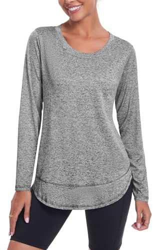 Deaviya Womens Long Sleeve Sports Tops UK, Sport Yoga T-Shirt Workout Running Tops, Crew Neck Quick Dry Golf Activewear Ladies Gym Sports Top, 3XL,Light Grey
