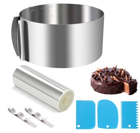 Altezza 15 cm,Anello per Torta Regolabile Diametro 16-30 cm(6-12 Pollici), in Acciaio Inossidabile Regolabile,con Scala,1PCS Torta Collare Trasparenti 5M Acetato,Stampo Torta per Cuocere Senza Sforzo