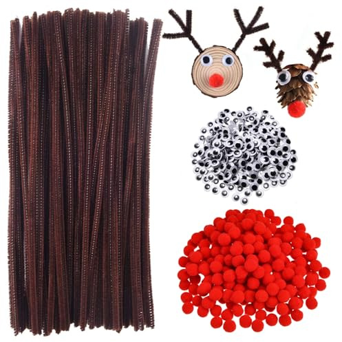 350 PCS Brown Pipe Cleaners, Long Fluffy Pipe Cleaners for Christmas Craft Supplies, Googly Eyes Self Adhesive