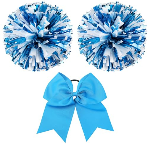 Hanaive 3 Pcs Cheerleading Pom Poms and Large Cheerleader Hair Bow Metallic Cheer Supplies for Team Spirit Sports Dance Cheering(Lake Blue Mixed White,Classic Style)