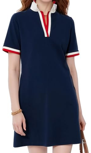 Kissonic Polo Dresses for Women Short Sleeve Tennis Golf Dress V Neck Summer Casual Dress with Pocket(Navy-M)