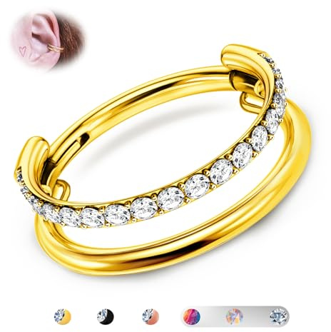 BodyBonita G23 Titanio Cartilagine Orecchino Cerchio 16G CZ Doppio Piercing Nariz Septum Anelli Conch Piercing Gioielleria Trago Daith Elica Orecchini Anelli Naso per Donna Oro 12mm