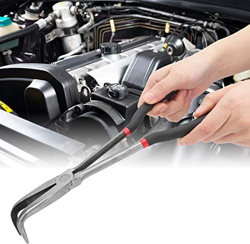 SustVita Alicates de punta doblada de 90 grados, alicates de punta de aguja de 280 mm de largo alcance, acero para herramientas Outlast para mecánicos y artesanos