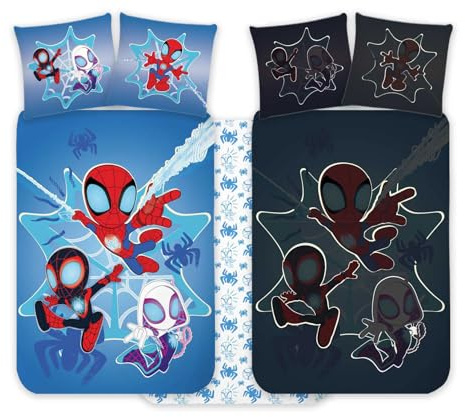 Spidey - Set di biancheria da letto per bambini, 100 x 140 cm + federa 40 x 45 cm, 100% cotone, set di biancheria da letto fosforescente perfetto per bambini, motivo Spiderman, morbido e reversibile