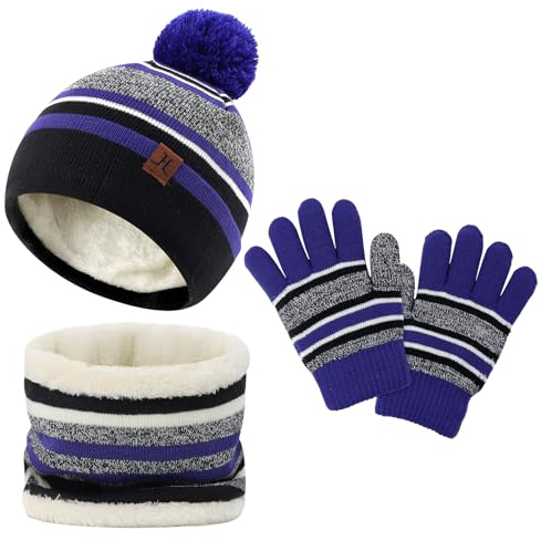 LACOFIA Ensemble Bonnet Écharpe et Gants pour Enfant Chapeaux Tricoté Pompon Tour de Cou à Doublure Polaire Chaude pour Garçons Filles 2-7 Ans Violet