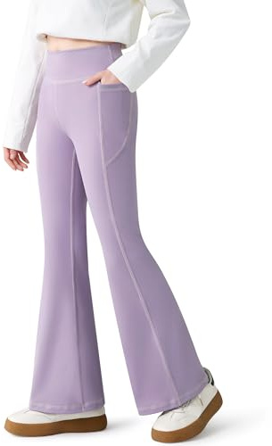 Baogaier Sportleggings för flickor med 2 fickor, stretch ventilerande utsvängda byxor, flickor bekväma bootcut leggings hög midja yoga dans sport kläder för 7–15 år, Lila, 14-15 anni