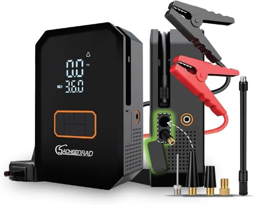 SachsenRAD Starthilfe Powerbank für PKW mit 150PSI Luftkompressor - 12V Autobatterie Jump Starter mit Tragbaren Starthilfekabeln, LED-Notlicht und Luftdüsen für Benziner bis 6,0L und Diesel bis 3,0L