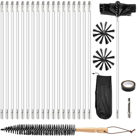 24Pcs Chimney Cleaning Brush Kit with 18 Flexible Nylon Rods, 6 Inch Brush Head, Long Wooden Handle Brushes and Storage Bag, Chimney Sweep Kit (6 inches Brush Head)