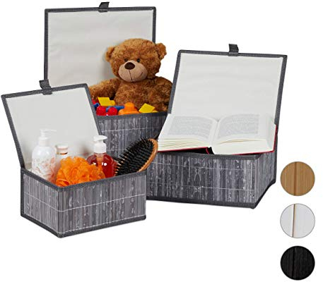 Relaxdays Aufbewahrungskorb 3er Set, mit Deckel & Stoffeinsatz, Bambuskorb, dekorative Aufbewahrungsbox, 3 Größen, grau, 15 x 33 x 25,5 cm