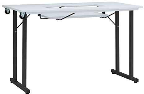 Sewing Online Klappbarer Näh-Tisch, weiße Platte mit schwarzen Beinen – Nähmaschinentisch mit verstellbarer Plattform. Klappbare Beine für einfache Lagerung und Transporträder. Quilting-/Computertisch