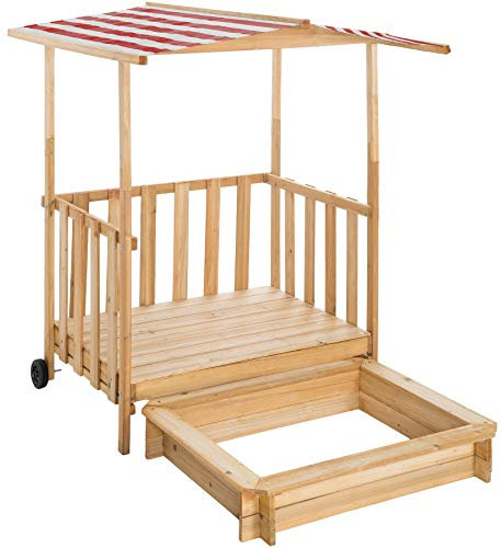 Tectake 800792 Bac à sable Bois Massif Extérieur Enfant Cabane de Jardin avec Toit et Véranda 2 Roues 106 x 105 x 137 cm – Diverses Couleurs (Rouge)