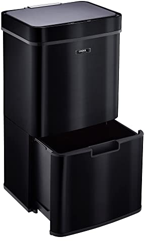 Cooks Professional Recycling Sensor Bin 75L with Dual Compartments and Removable Food Caddy for Kitchen | Smart Automatic Brushed Stainless Steel Bins | Black