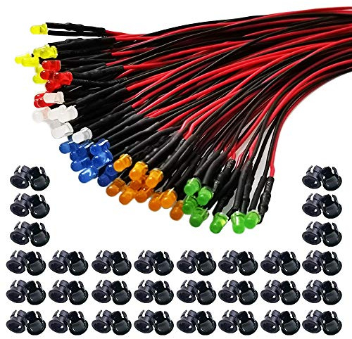 GTIWING 60 stycken 3 mm lysdioder med 20 cm kabel, DC 12 V förkopplat ljus, förkopplade LED-dioder ljus (röd, gul, grön, vit, orange, blå, 10 st) 60 st 3 mm LED monteringsringar plast