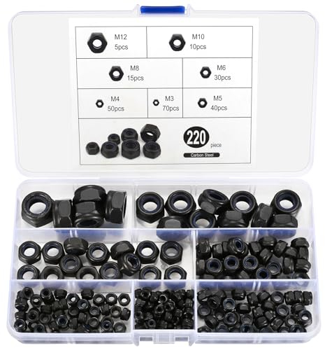 qxayxa Écrous Hexagonaux, 220 Pièces Écrou de Blocage Assortiment Kit, Écrous Autobloquants, Écrous à vis Inserts Filetés Métalliques pour Contre-Ecrou Boulon Visserie, M3 M4 M5 M6 M8 M10 M12, Noir