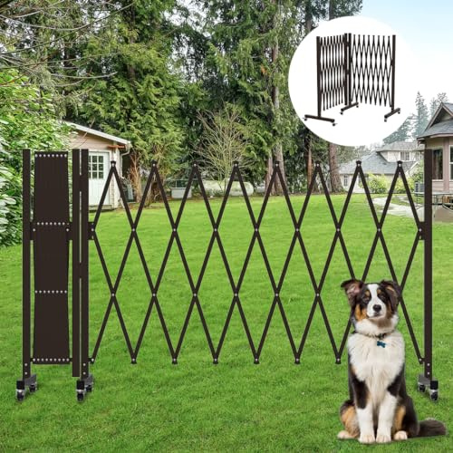 TSAYAWA Retractable Fence Outdoor, 216.5 Wide Expandable Driveway Gate for Dogs, Aluminum Portable Safety Gates for Backyard, Garage, 18 Feet Temporary Fences with Casters, Rotatable, Brwon