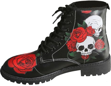 Ulalaza Stivali da donna Punta tonda Tacco largo Stivaletti con plateau gotico Stivali da combattimento da motociclista punk stringati Stivaletti corti in pelle con stampa multicolore