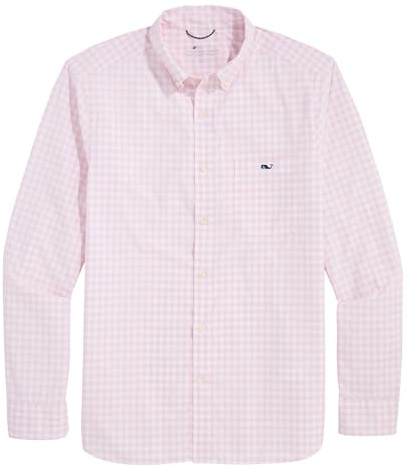 Vineyard Vines Mens Gingham On-The-go Nylon Shirt, Flamingo Plaid, Large