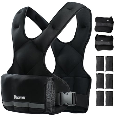 PASYOU Gewichtsweste 10KG Herausnehmbare Metall-Gewichte, Verstellbare Gewichtsweste mit Gewichtsgamaschen 2kg, zum Muskelaufbau u Krafttraining,Weight Vest Damen & Herren,Gesamtgewicht 12kg