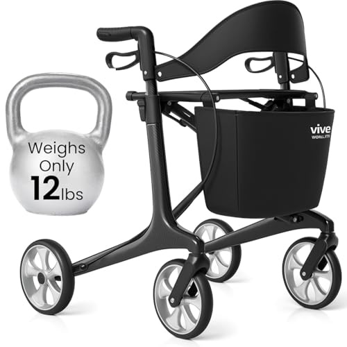 Vive Lightweight Rollator Walker with Seat - Carbon Fiber Frame for Seniors - Stand up Folding Mobility Aid - Height Adjustable, Brakes, Armrest & Storage Bag Accessory (Black)