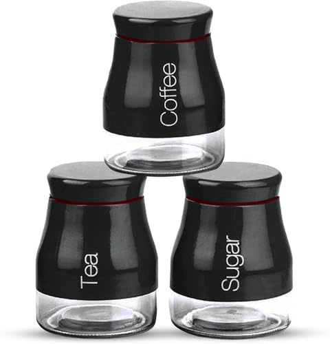 ATEK 3Pcs Tea Coffee Sugar Canisters Black, Glass Kitchen Canisters Tea and Sugar Storage canisters set Jars Pots Containers with Screw Lid Food Multipurpose Class Coffee Jars